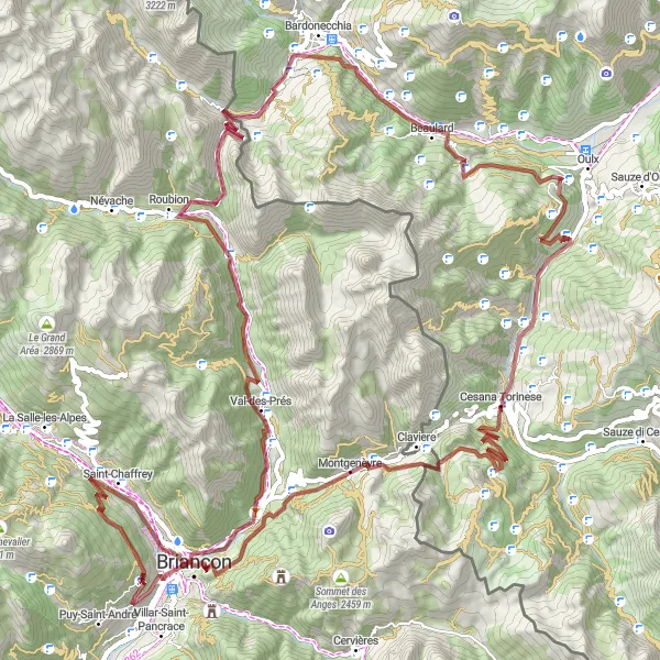 Kartminiatyr av "Grusväg till Cesana Torinese" cykelinspiration i Provence-Alpes-Côte d’Azur, France. Genererad av Tarmacs.app cykelruttplanerare