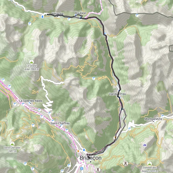 Mapa miniatúra "Scenická cestná cyklotrasa v okolí Briançon" cyklistická inšpirácia v Provence-Alpes-Côte d’Azur, France. Vygenerované cyklistickým plánovačom trás Tarmacs.app