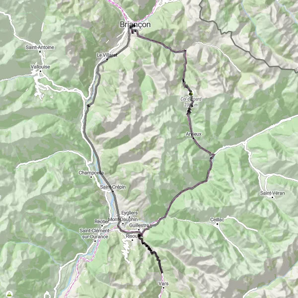 Miniature de la carte de l'inspiration cycliste "Ascension au Col d'Izoard et Risoul depuis Briançon" dans la Provence-Alpes-Côte d’Azur, France. Générée par le planificateur d'itinéraire cycliste Tarmacs.app