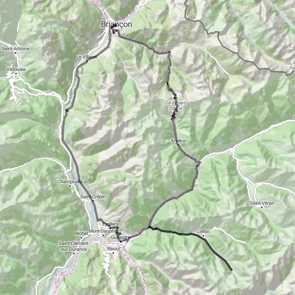 Miniatuurkaart van de fietsinspiratie "Wegrit naar Saint-Martin-de-Queyrières" in Provence-Alpes-Côte d’Azur, France. Gemaakt door de Tarmacs.app fietsrouteplanner