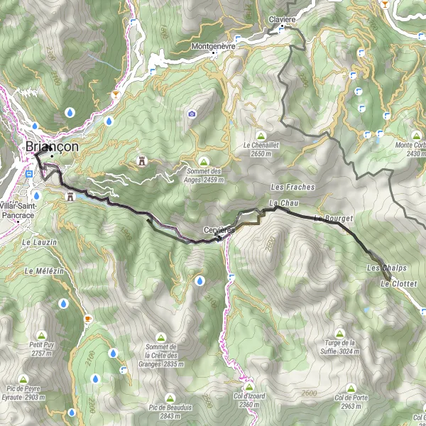 Miniaturní mapa "Okružní cyklistická trasa Briançon - Fort des Têtes - Cervières - Les Chalps" inspirace pro cyklisty v oblasti Provence-Alpes-Côte d’Azur, France. Vytvořeno pomocí plánovače tras Tarmacs.app