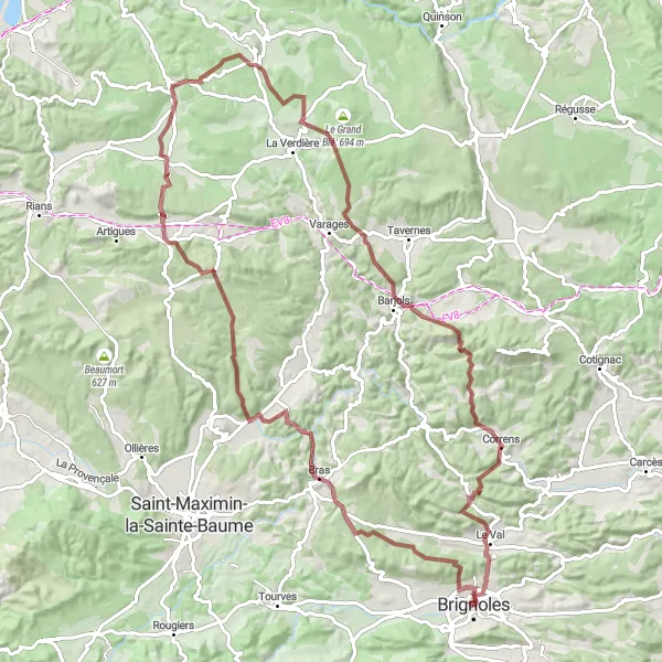 Karten-Miniaturansicht der Radinspiration "Gravel-Runde über 98 km von Brignoles" in Provence-Alpes-Côte d’Azur, France. Erstellt vom Tarmacs.app-Routenplaner für Radtouren