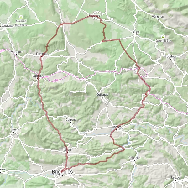 Mapa miniatúra "Gravel Tour kolem Brignoles" cyklistická inšpirácia v Provence-Alpes-Côte d’Azur, France. Vygenerované cyklistickým plánovačom trás Tarmacs.app