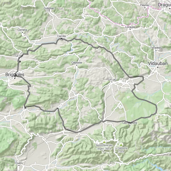 Kartminiatyr av "Kulturell tur fra Brignoles til Camps-la-Source" sykkelinspirasjon i Provence-Alpes-Côte d’Azur, France. Generert av Tarmacs.app sykkelrutoplanlegger