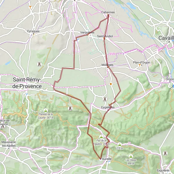 Miniature de la carte de l'inspiration cycliste "Boucle de Vélo de Gravel à Cabannes" dans la Provence-Alpes-Côte d’Azur, France. Générée par le planificateur d'itinéraire cycliste Tarmacs.app