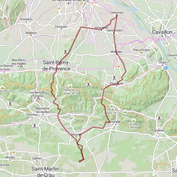 Miniatua del mapa de inspiración ciclista "Aventura en Grava por Saint-Rémy-de-Provence" en Provence-Alpes-Côte d’Azur, France. Generado por Tarmacs.app planificador de rutas ciclistas