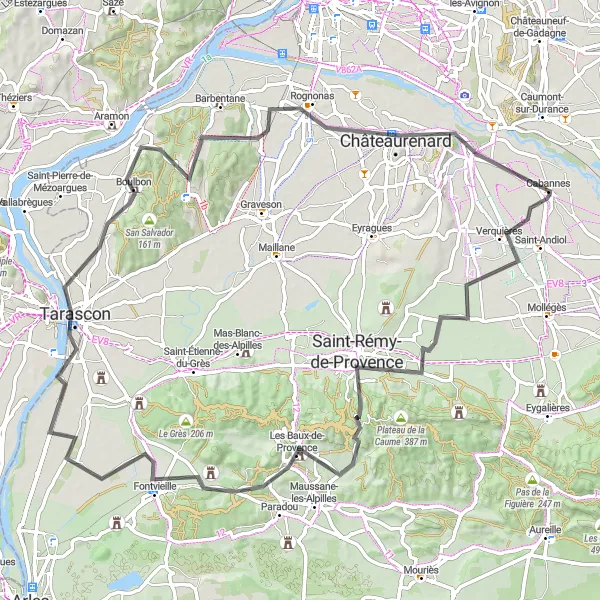 Miniature de la carte de l'inspiration cycliste "La grande boucle de Tarascon" dans la Provence-Alpes-Côte d’Azur, France. Générée par le planificateur d'itinéraire cycliste Tarmacs.app