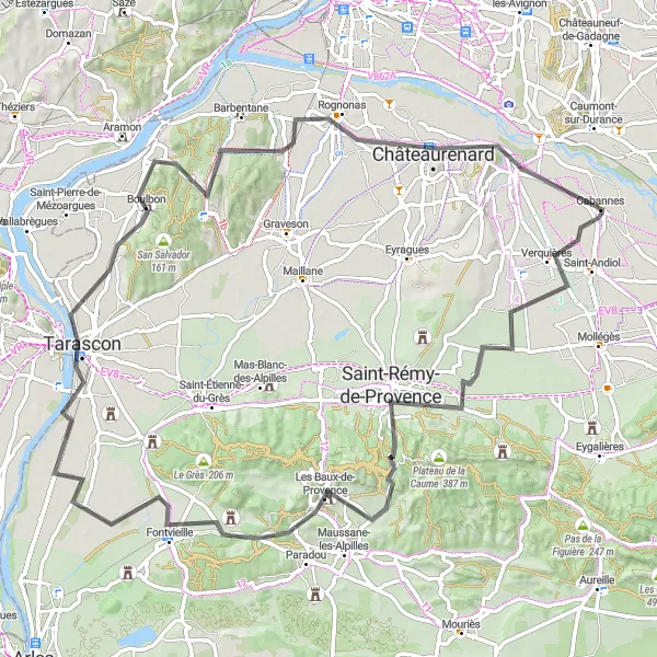 Map miniature of "Route around Cabannes to Saint-Rémy-de-Provence and Les Baux-de-Provence" cycling inspiration in Provence-Alpes-Côte d’Azur, France. Generated by Tarmacs.app cycling route planner