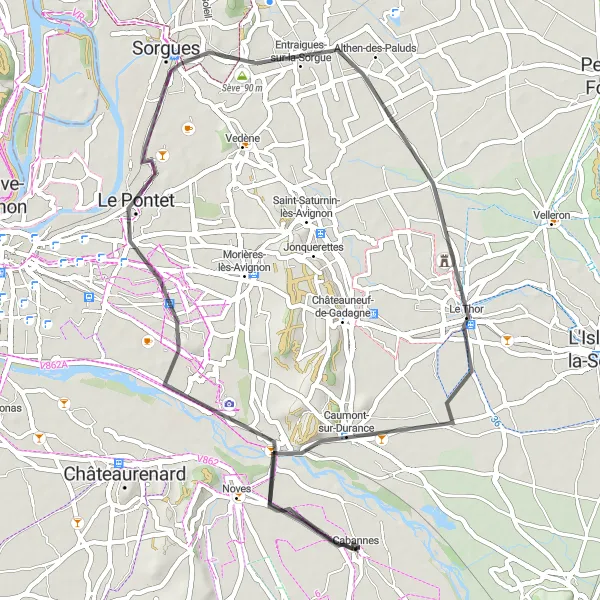 Miniatura mapy "Trasa rowerowa Cabannes - Caumont-sur-Durance" - trasy rowerowej w Provence-Alpes-Côte d’Azur, France. Wygenerowane przez planer tras rowerowych Tarmacs.app