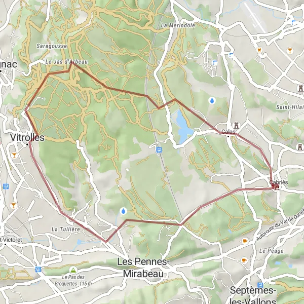 Zemljevid v pomanjšavi "Gravel Tour around Cabriès" kolesarske inspiracije v Provence-Alpes-Côte d’Azur, France. Generirano z načrtovalcem kolesarskih poti Tarmacs.app