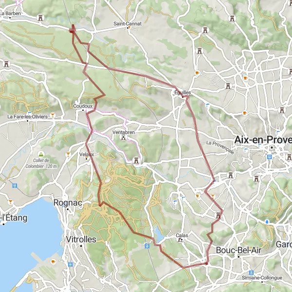 Karttaminiaatyyri "Gravel-seikkailu Cabrièsista Les Millesiin" pyöräilyinspiraatiosta alueella Provence-Alpes-Côte d’Azur, France. Luotu Tarmacs.app pyöräilyreittisuunnittelijalla
