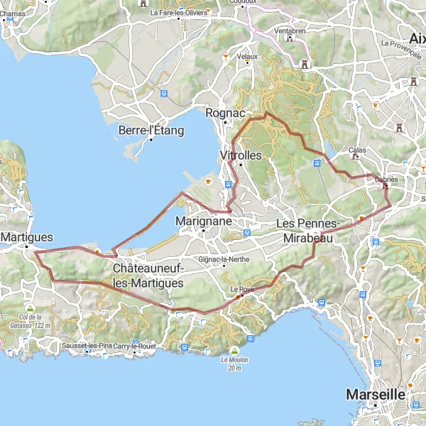 Miniature de la carte de l'inspiration cycliste "Aventure à vélo tout-terrain autour de Cabriès" dans la Provence-Alpes-Côte d’Azur, France. Générée par le planificateur d'itinéraire cycliste Tarmacs.app