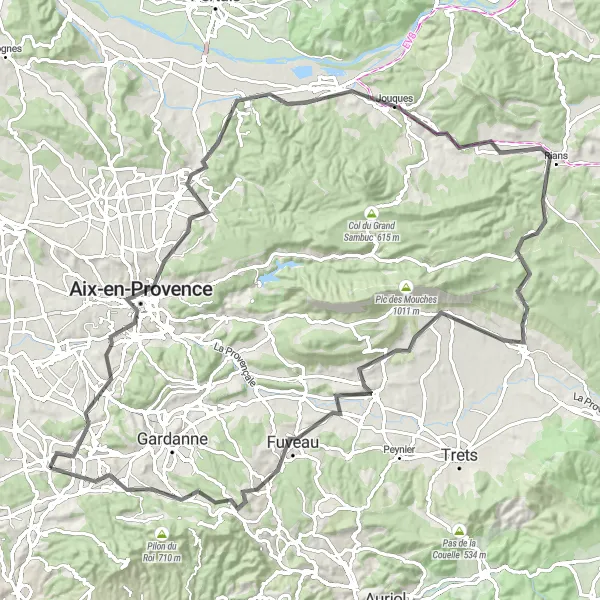 Mapa miniatúra "Cyklistická trasa okolo Cabriès a Puyloubier" cyklistická inšpirácia v Provence-Alpes-Côte d’Azur, France. Vygenerované cyklistickým plánovačom trás Tarmacs.app
