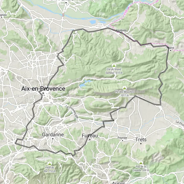 Miniature de la carte de l'inspiration cycliste "Exploration pittoresque des environs de Cabriès en vélo de route" dans la Provence-Alpes-Côte d’Azur, France. Générée par le planificateur d'itinéraire cycliste Tarmacs.app