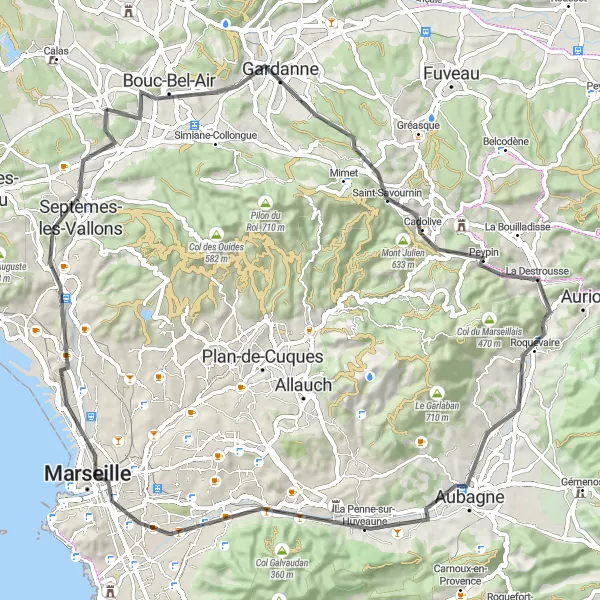 Miniature de la carte de l'inspiration cycliste "Parcours pittoresque entre Bouc-Bel-Air et Septèmes-les-Vallons" dans la Provence-Alpes-Côte d’Azur, France. Générée par le planificateur d'itinéraire cycliste Tarmacs.app