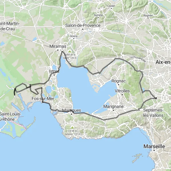 Miniaturní mapa "Dlouhá road cyklistická trasa kolem Cabriès" inspirace pro cyklisty v oblasti Provence-Alpes-Côte d’Azur, France. Vytvořeno pomocí plánovače tras Tarmacs.app