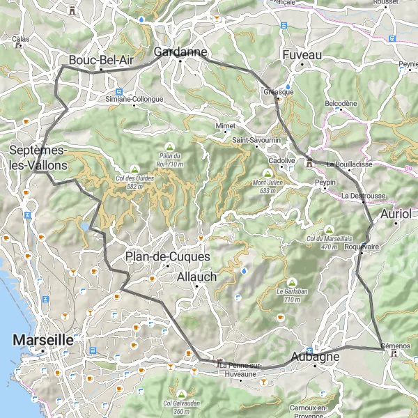 Kartminiatyr av "Bouc-Bel-Air til Château de Cabriès runde tur" sykkelinspirasjon i Provence-Alpes-Côte d’Azur, France. Generert av Tarmacs.app sykkelrutoplanlegger