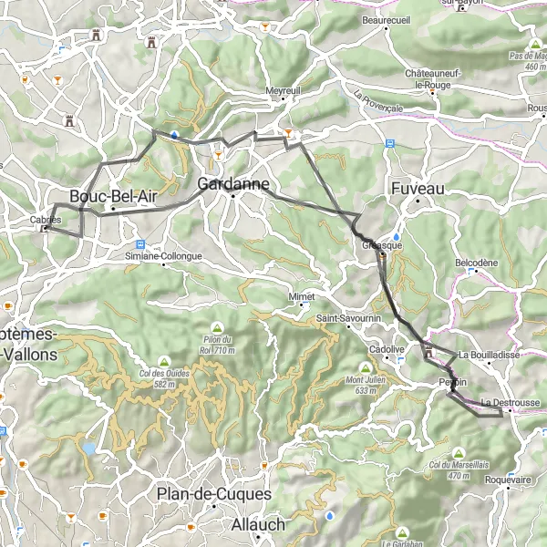 Miniaturní mapa "Road cyklistická trasa s vysokým převýšením kolem Cabriès" inspirace pro cyklisty v oblasti Provence-Alpes-Côte d’Azur, France. Vytvořeno pomocí plánovače tras Tarmacs.app