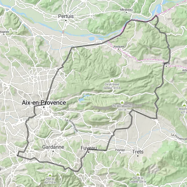 Mapa miniatúra "Cyklistická trasa cez Aix-en-Provence a Puyloubier" cyklistická inšpirácia v Provence-Alpes-Côte d’Azur, France. Vygenerované cyklistickým plánovačom trás Tarmacs.app