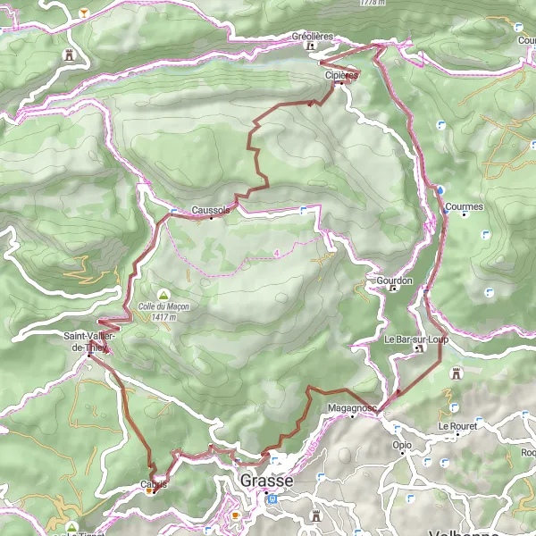 Miniatua del mapa de inspiración ciclista "Ruta de Grava hasta Châteauneuf-Grasse" en Provence-Alpes-Côte d’Azur, France. Generado por Tarmacs.app planificador de rutas ciclistas