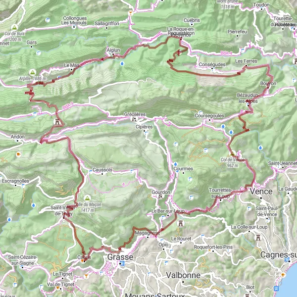Miniatua del mapa de inspiración ciclista "Aventura en Grava por los Alpes Marítimos" en Provence-Alpes-Côte d’Azur, France. Generado por Tarmacs.app planificador de rutas ciclistas