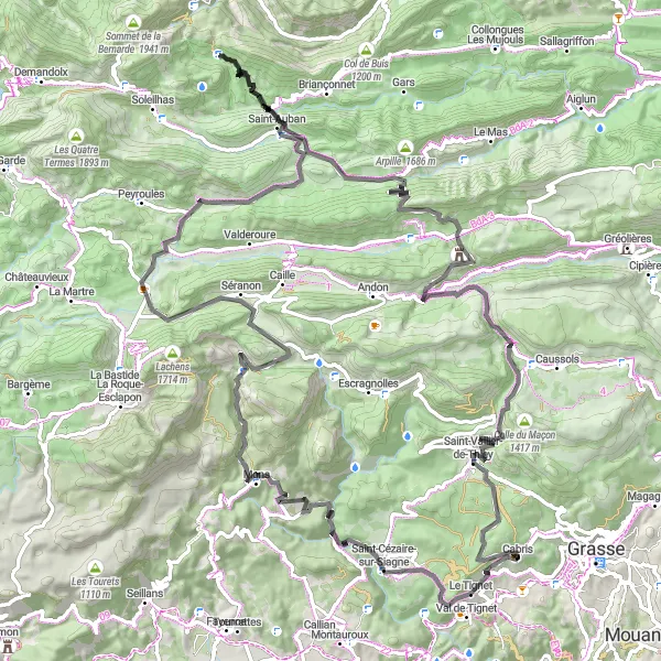 Miniatua del mapa de inspiración ciclista "Ruta Escénica por la Provenza y los Alpes Marítimos" en Provence-Alpes-Côte d’Azur, France. Generado por Tarmacs.app planificador de rutas ciclistas