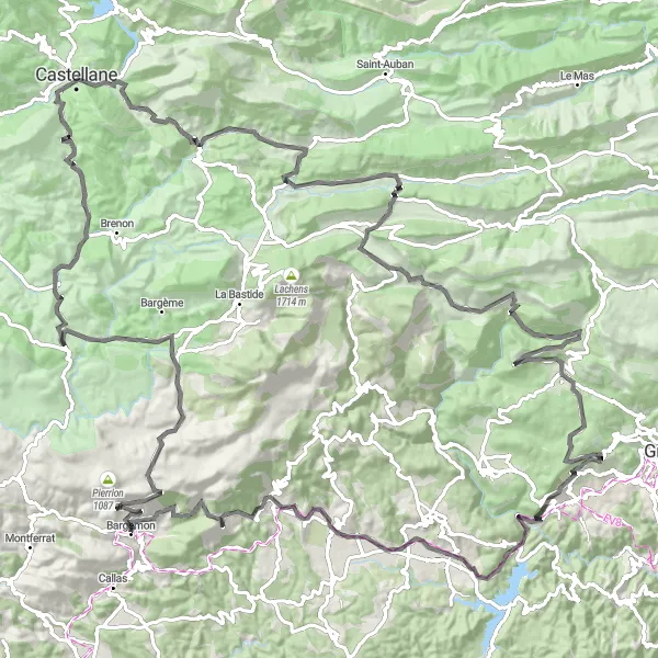 Miniatua del mapa de inspiración ciclista "Aventura Ciclista por la Provenza y los Alpes Marítimos" en Provence-Alpes-Côte d’Azur, France. Generado por Tarmacs.app planificador de rutas ciclistas
