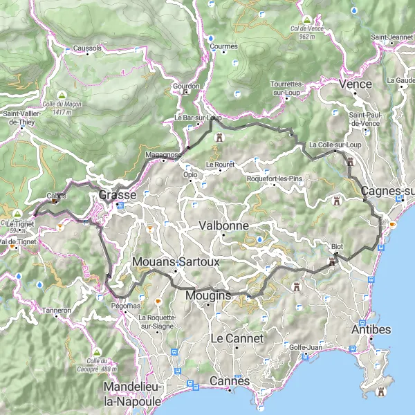 Miniatua del mapa de inspiración ciclista "Ruta en Carretera a Pégomas" en Provence-Alpes-Côte d’Azur, France. Generado por Tarmacs.app planificador de rutas ciclistas