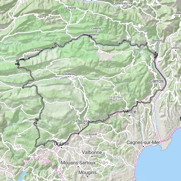 Kartminiatyr av "Utfordrende Veiturer og Spektakulær Natur i Provence-Alpes-Côte d'Azur" sykkelinspirasjon i Provence-Alpes-Côte d’Azur, France. Generert av Tarmacs.app sykkelrutoplanlegger