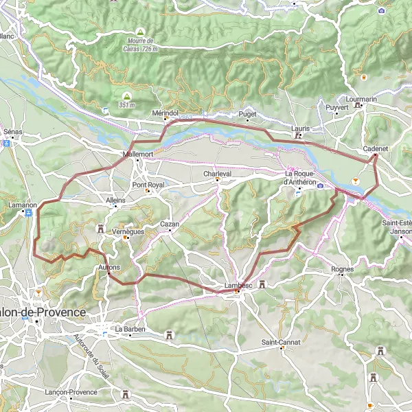 Miniature de la carte de l'inspiration cycliste "Randonnée en Gravel autour de Cadenet" dans la Provence-Alpes-Côte d’Azur, France. Générée par le planificateur d'itinéraire cycliste Tarmacs.app