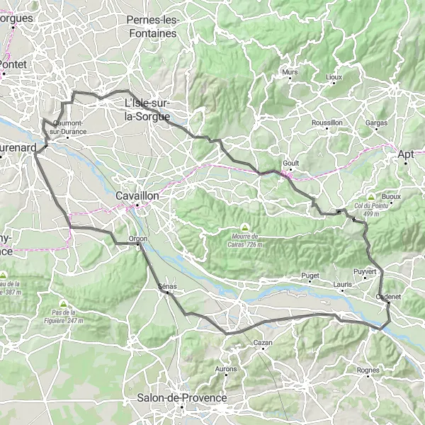 Kartminiatyr av "Cykla till Lourmarin via Goult och Lagnes" cykelinspiration i Provence-Alpes-Côte d’Azur, France. Genererad av Tarmacs.app cykelruttplanerare