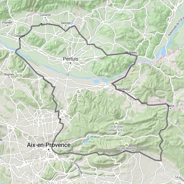 Map miniature of "Cadenet and Beyond" cycling inspiration in Provence-Alpes-Côte d’Azur, France. Generated by Tarmacs.app cycling route planner