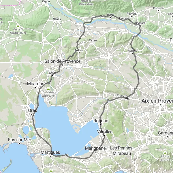 Zemljevid v pomanjšavi "Challenging road loop through Provence" kolesarske inspiracije v Provence-Alpes-Côte d’Azur, France. Generirano z načrtovalcem kolesarskih poti Tarmacs.app