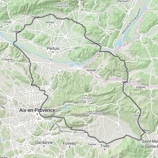 Mapa miniatúra "Okruh do Aix-en-Provence" cyklistická inšpirácia v Provence-Alpes-Côte d’Azur, France. Vygenerované cyklistickým plánovačom trás Tarmacs.app