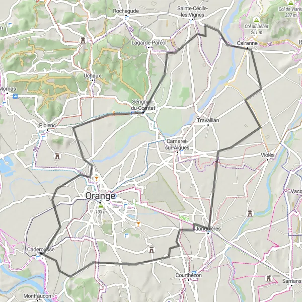 Zemljevid v pomanjšavi "Kolesarska pot po cesti v okolici Caderousse" kolesarske inspiracije v Provence-Alpes-Côte d’Azur, France. Generirano z načrtovalcem kolesarskih poti Tarmacs.app