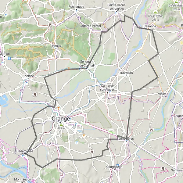 Map miniature of "Road Route: Vineyards and Cultural Heritage" cycling inspiration in Provence-Alpes-Côte d’Azur, France. Generated by Tarmacs.app cycling route planner