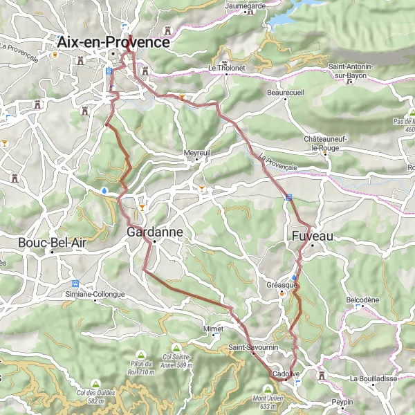Kartminiatyr av "Grusvei til Mont Julien" sykkelinspirasjon i Provence-Alpes-Côte d’Azur, France. Generert av Tarmacs.app sykkelrutoplanlegger