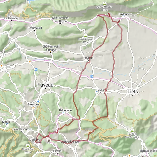Miniaturní mapa "Gravel Cyklistická trasa kolem Cadolive" inspirace pro cyklisty v oblasti Provence-Alpes-Côte d’Azur, France. Vytvořeno pomocí plánovače tras Tarmacs.app