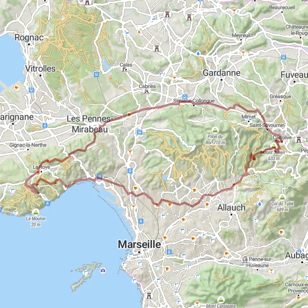 Mapa miniatúra "Náročná cyklotrasa s úchvatnými výhľadmi" cyklistická inšpirácia v Provence-Alpes-Côte d’Azur, France. Vygenerované cyklistickým plánovačom trás Tarmacs.app