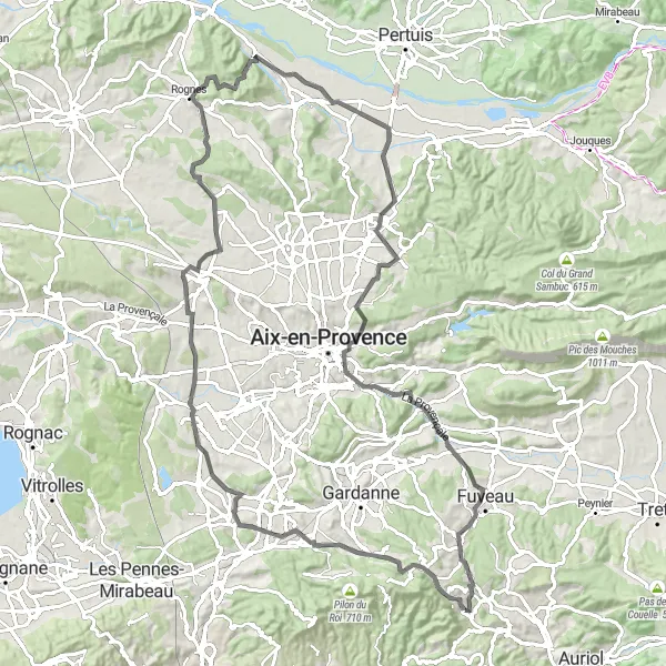 Kartminiatyr av "Vägen till Rognes ochbortom" cykelinspiration i Provence-Alpes-Côte d’Azur, France. Genererad av Tarmacs.app cykelruttplanerare