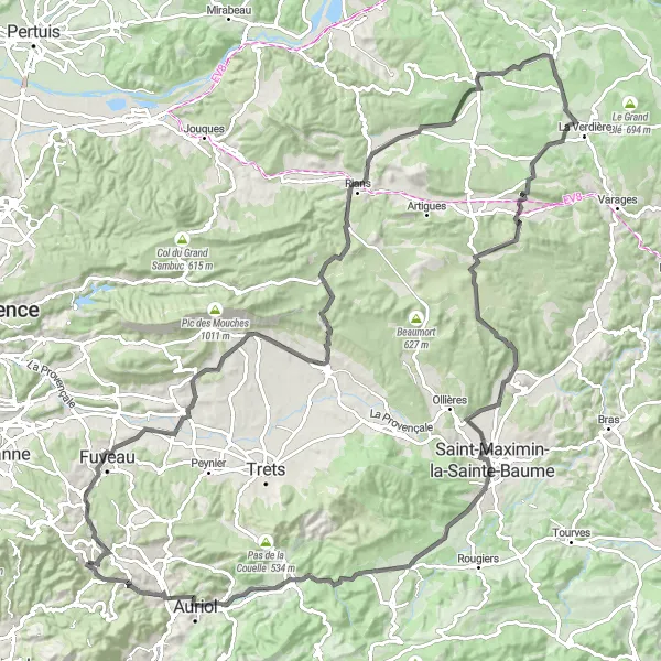 Map miniature of "The Varied Road Journey" cycling inspiration in Provence-Alpes-Côte d’Azur, France. Generated by Tarmacs.app cycling route planner