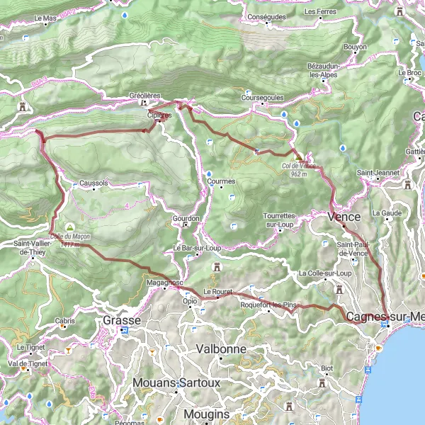 Zemljevid v pomanjšavi "Cagnes-sur-Mer - Vence - Cagnes-sur-Mer" kolesarske inspiracije v Provence-Alpes-Côte d’Azur, France. Generirano z načrtovalcem kolesarskih poti Tarmacs.app