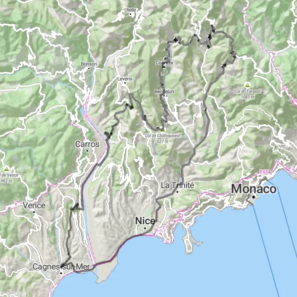 Miniatua del mapa de inspiración ciclista "Desafío de Carretera por la Costa Azul" en Provence-Alpes-Côte d’Azur, France. Generado por Tarmacs.app planificador de rutas ciclistas