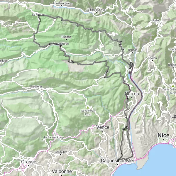 Karttaminiaatyyri "Pitkä maantiepyöräreitti Cagnes-sur-Meristä" pyöräilyinspiraatiosta alueella Provence-Alpes-Côte d’Azur, France. Luotu Tarmacs.app pyöräilyreittisuunnittelijalla