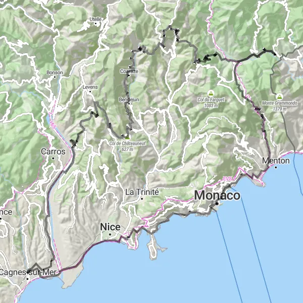 Karten-Miniaturansicht der Radinspiration "Herausfordernde Bergtour von Cagnes-sur-Mer nach Monaco" in Provence-Alpes-Côte d’Azur, France. Erstellt vom Tarmacs.app-Routenplaner für Radtouren