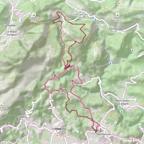 Miniatua del mapa de inspiración ciclista "Ruta de ciclismo de montaña desde Callian" en Provence-Alpes-Côte d’Azur, France. Generado por Tarmacs.app planificador de rutas ciclistas