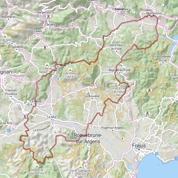 Miniatua del mapa de inspiración ciclista "Ruta de grava de Bagnols-en-Forêt a Callian" en Provence-Alpes-Côte d’Azur, France. Generado por Tarmacs.app planificador de rutas ciclistas