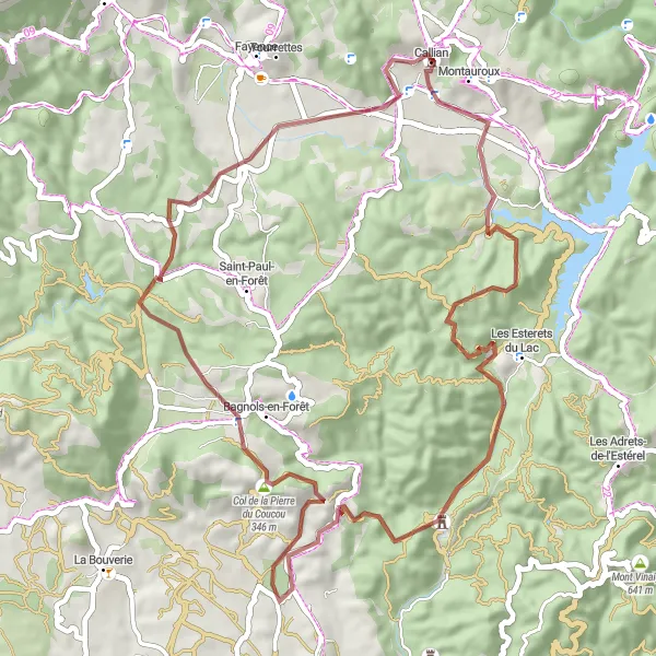 Miniatua del mapa de inspiración ciclista "Ruta de grava de Montauroux a Callian" en Provence-Alpes-Côte d’Azur, France. Generado por Tarmacs.app planificador de rutas ciclistas