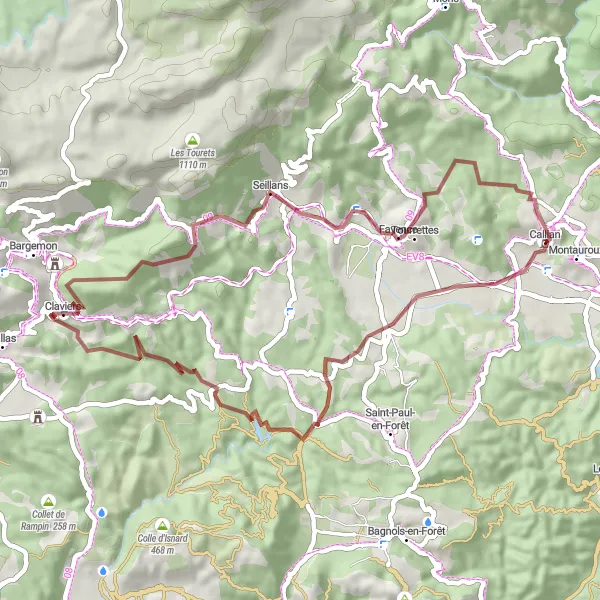 Miniatua del mapa de inspiración ciclista "Ruta de grava de Claviers a Callian" en Provence-Alpes-Côte d’Azur, France. Generado por Tarmacs.app planificador de rutas ciclistas