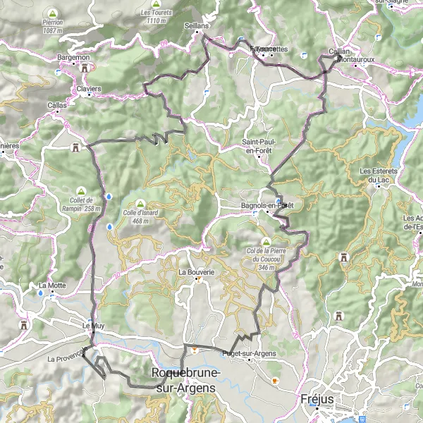 Miniatua del mapa de inspiración ciclista "Ruta de los Castillos y Montañas" en Provence-Alpes-Côte d’Azur, France. Generado por Tarmacs.app planificador de rutas ciclistas